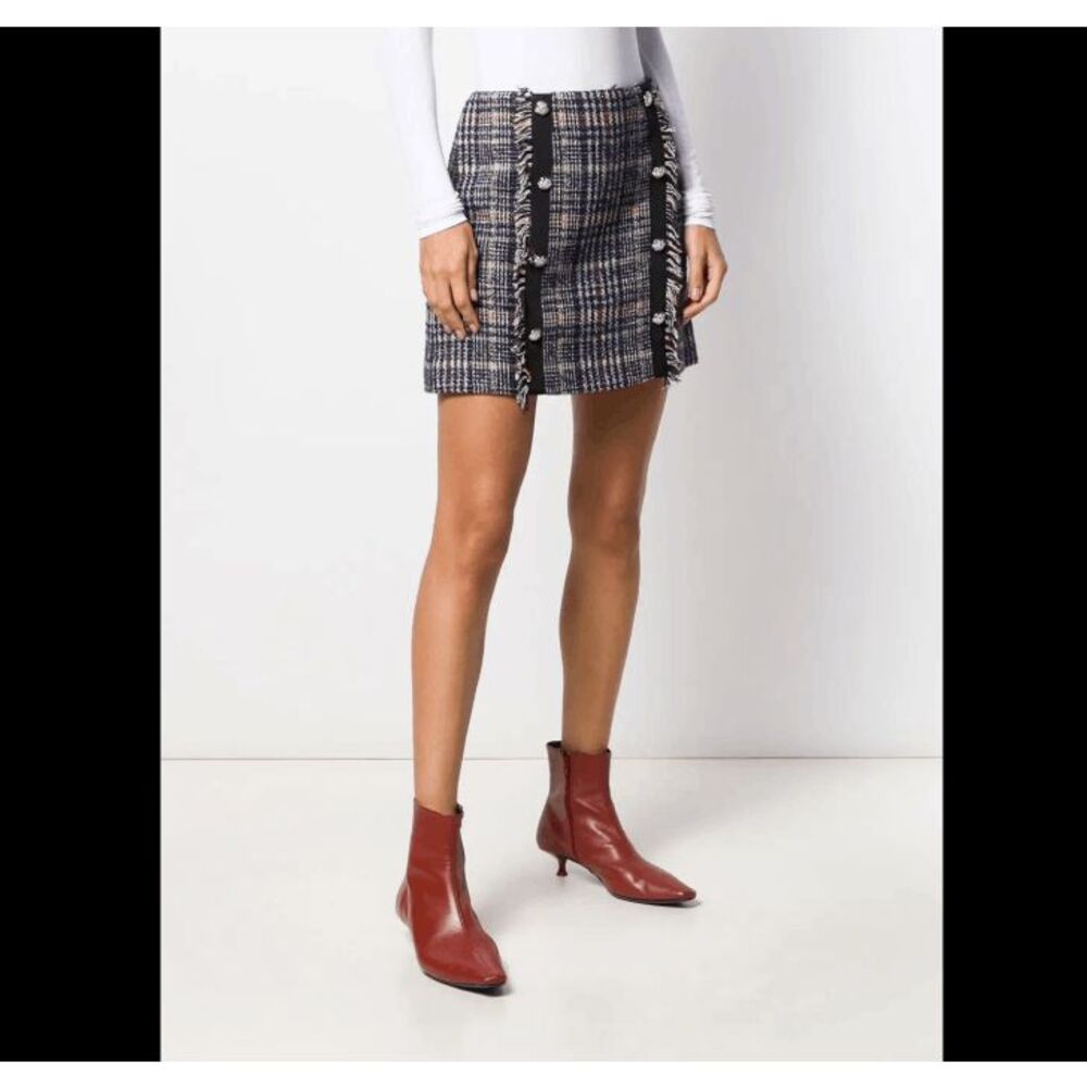 Veronica Beard Celie Tweed Skirt Wool Blend Navy Plaid Metallic Buttons Size 10